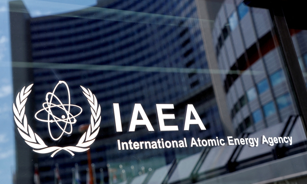 The logo of the International Atomic Energy Agency is seen at IAEA headquarters during a board of governors meeting in Vienna, Austria, on June 7, 2021.  File Photo / Reuters
