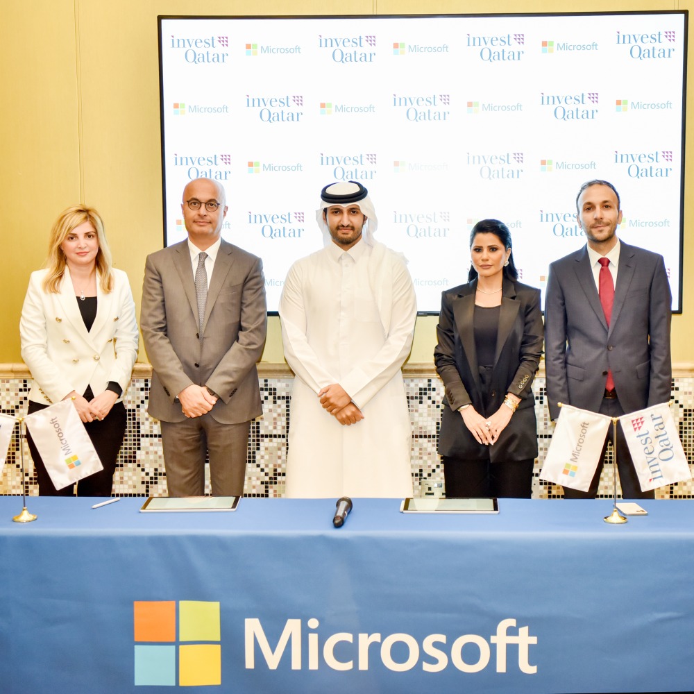 Sheikh Ali Alwaleed Al Thani, CEO of IPA Qatar, and Lana Khalaf, General Manager at Microsoft Qatar, with other officials, during the MoU signing ceremony, in Doha, recently. 