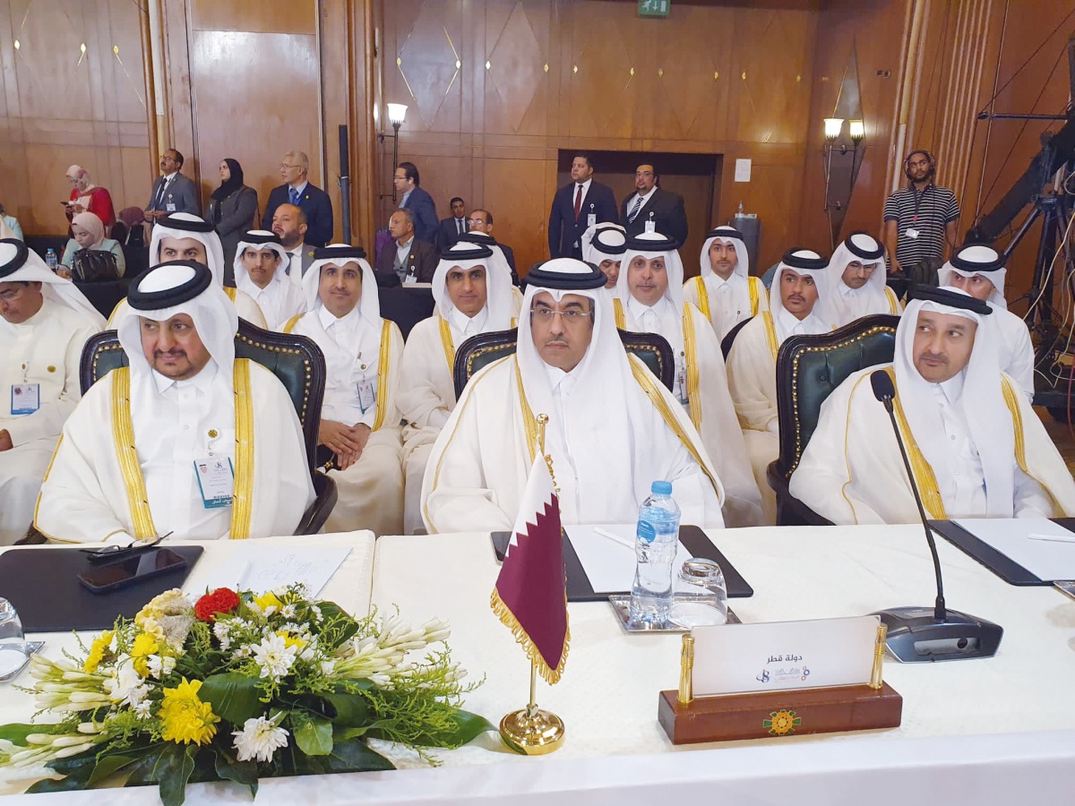 Minister of Labour H E Dr. Ali bin Smaikh Al Marri, Qatar Chamber Chairman Sheikh Khalifa bin Jassim Al Thani with other officials during the 47th session of the Arab Labour Conference, and the 38th meeting of the Permanent Committee for Labour Affairs in the Union of Arab Chambers in Cairo.