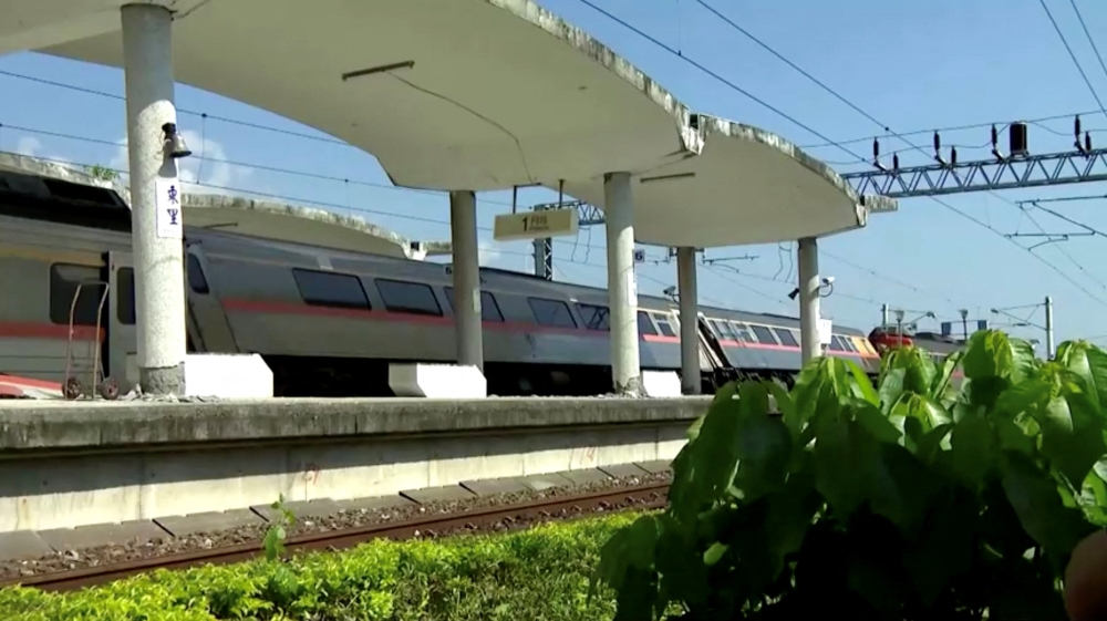 A derailed train is seen at the Dongli train station following a 6.8-magnitude earthquake, in Hualien county, Taiwan, in this screengrab taken from a video footage September 19, 2022. FTV via REUTERS