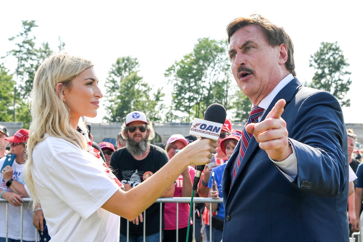 MyPillow CEO Mike Lindell is interviewed by the One America News Network during former US president Donald Trump's rally at the Lorain County Fairgrounds in Wellington, Ohio, on June 26, 2021. File Photo / Reuters
