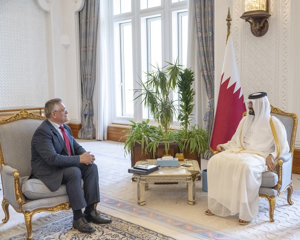 Deputy Amir H H Sheikh Abdullah bin Hamad Al Thani meeting Ambassador of the Republic of Moldova  H E Victor Tvircun at Amiri Diwan, yesterday.