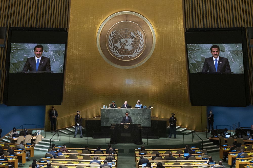Amir H H Sheikh Tamim bin Hamad Al Thani addressing 77th Session of the United Nations General Assembly, at UN headquarters in New York, US, on Tuesday.  
