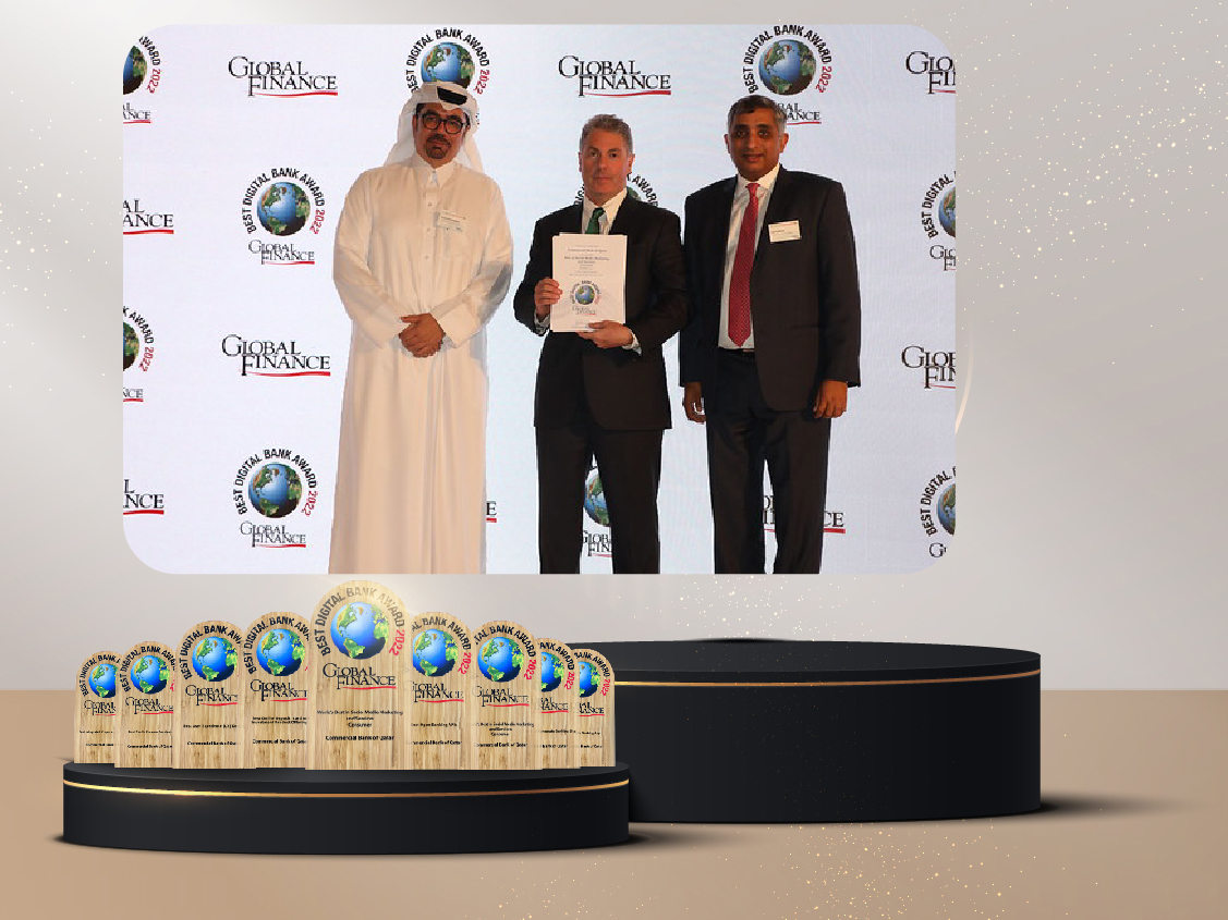 Commercial Bank’s EGM and Head of Wholesale Banking Raju Buddhiraju and EGM, Chief Marketing Officer and Head of Premium Banking Hussein Al Abdullah, during the awarding ceremony, recently. 