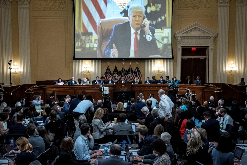 An image of former US President Donald Trump is displayed during the third hearing of the House Select Committee to Investigate the January 6th Attack on the US Capitol in the Cannon House Office Building, at Capitol Hill, in Washington on June 16, 2022.  File Photo / Reuters