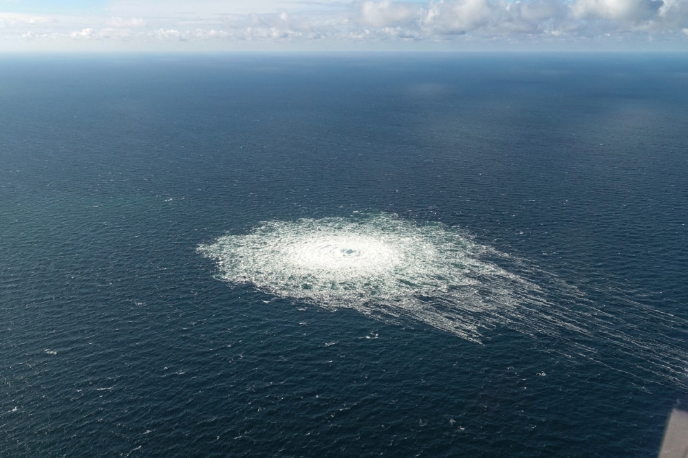 Gas leak at Nord Stream 2 as seen from the Danish F-16 interceptor on Bornholm, Denmark, on September 27, 2022. Danish Defence Command/Forsvaret Ritzau Scanpix/via REUTERS