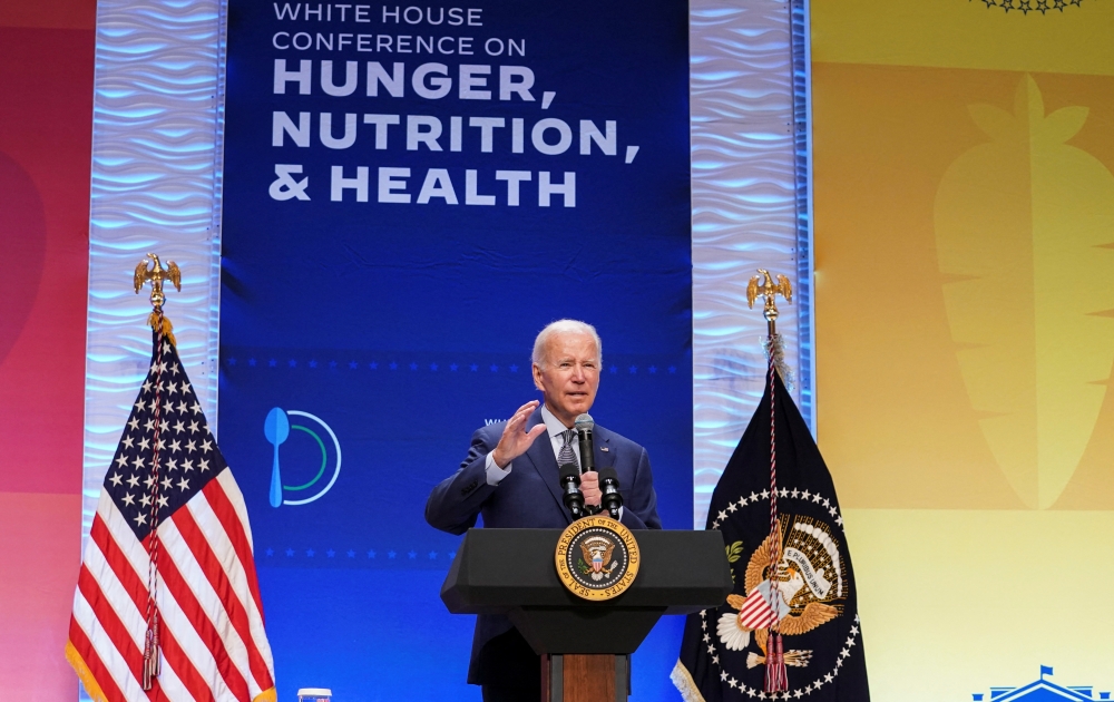 US President Joe Biden speaks at the White House Conference on Hunger, Nutrition and Health in Washington, US, on September 28, 2022. REUTERS/Kevin Lamarque