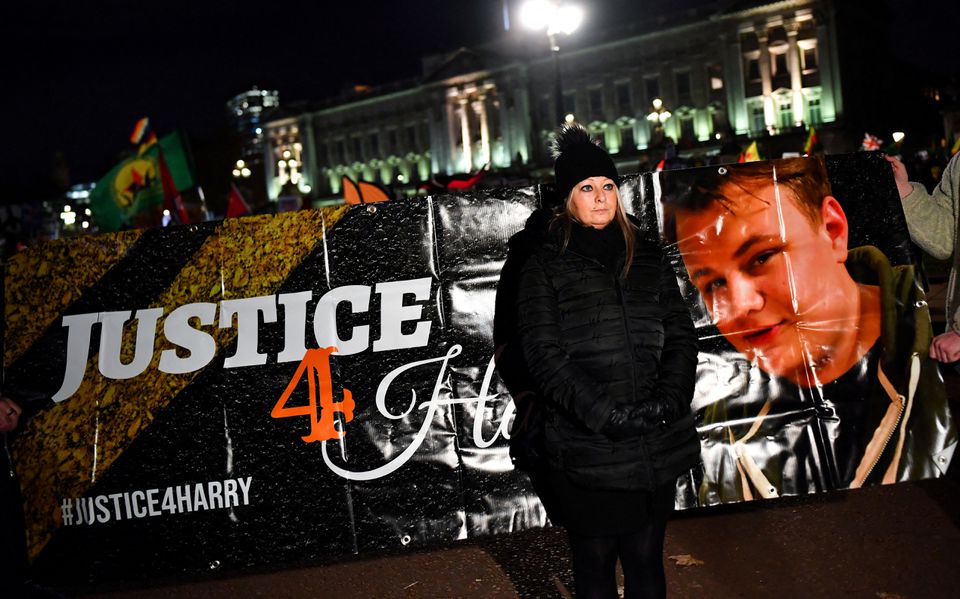 Harry Dunn's mother Charlotte Charles poses in front of a banner outside Buckingham Palace as people demonstrate during U.S. President Donald Trump's visit for NATO summit, in London, Britain December 3, 2019. File Photo / Reuters
