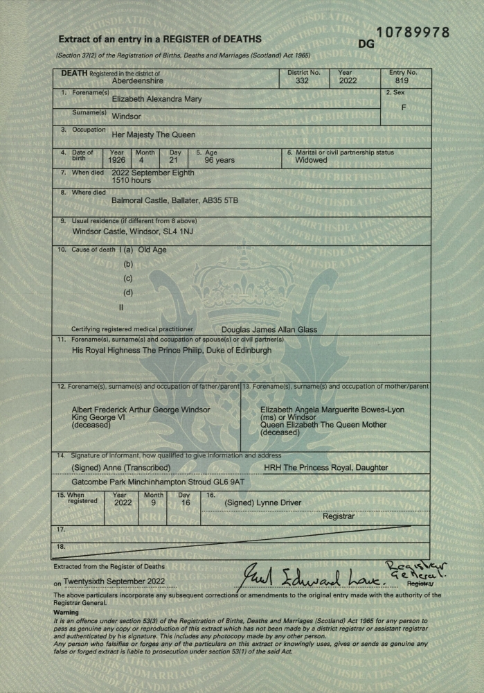 An extract from the entry of Britain's late Queen Elizabeth in the Register of Deaths, which can also be referred to as a death certificate, published by the National Records of Scotland, is seen in this image obtained by Reuters on September 29, 2022. National Records of Scotland/Handout via REUTERS.