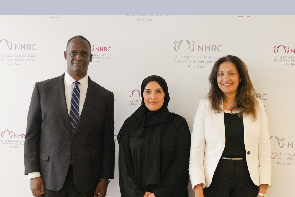 Chairperson of the National Human Rights Committee H E Maryam bint Abdullah Al Attiyah (centre) with Ambassador of the United States of America to Qatar H E Timmy T Davis and US Under Secretary for Civilian Security, Democracy, and Human Rights Uzra Zeya.