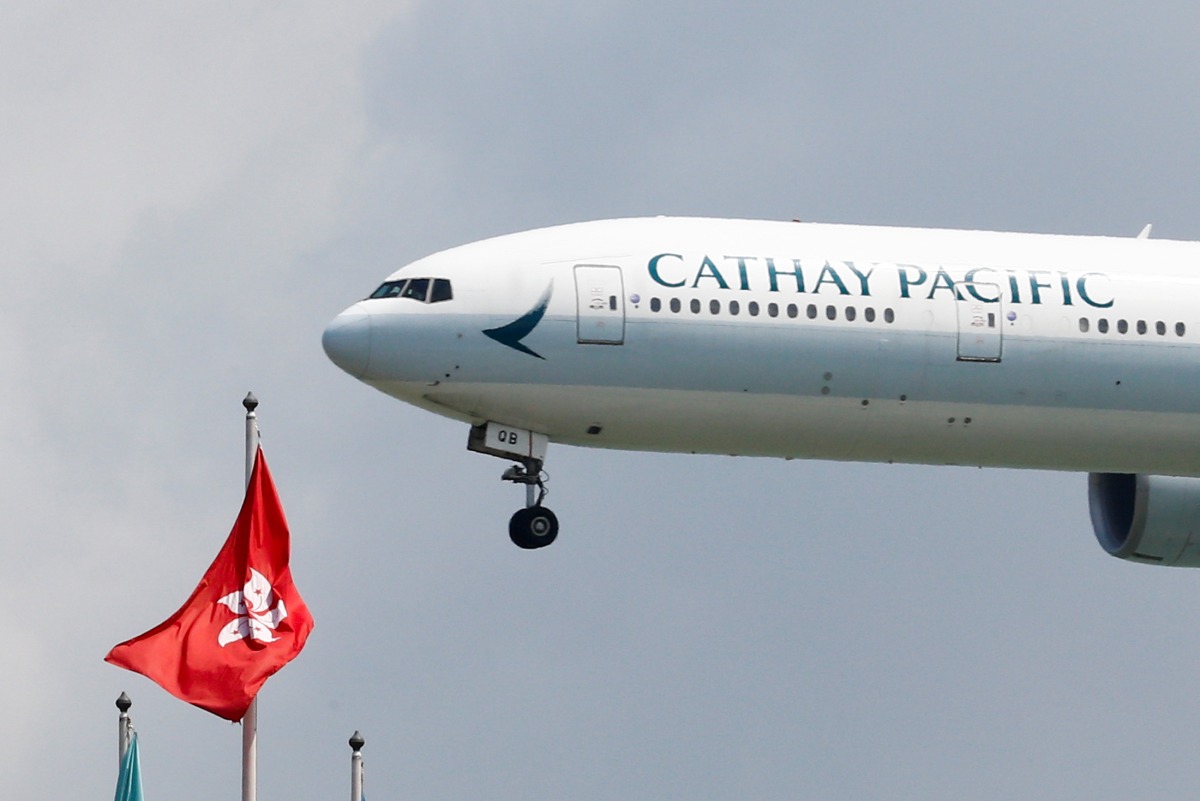 A Cathay Pacific Boeing 777-300ER plane lands at Hong Kong airport after it reopened following clashes between police and protesters, in Hong Kong, China, on August 14, 2019. File Photo / Reuters