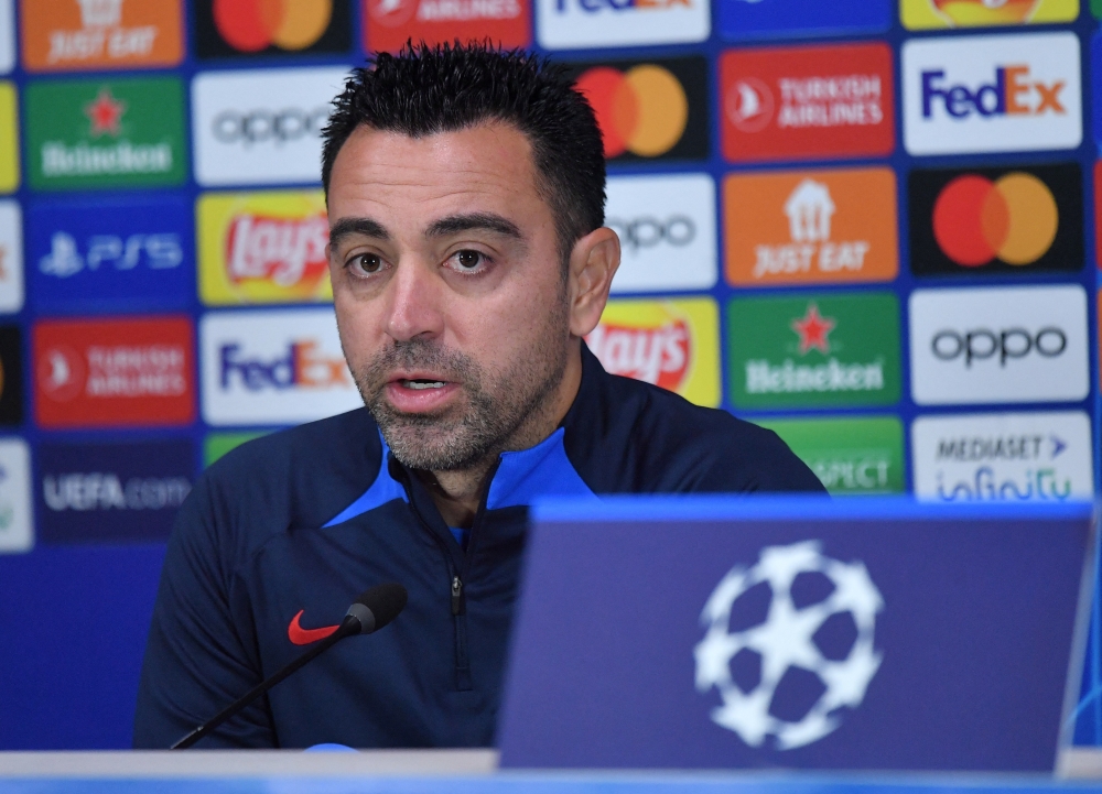 FC Barcelona coach Xavi during a press conference ahead of their Champions League match against Inter Milan at the San Siro, Milan, Italy, on October 3, 2022.  REUTERS/Daniele Mascolo