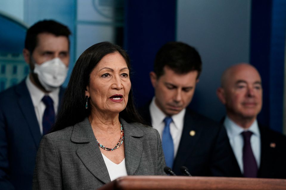 US Secretary of the Interior Deb Haaland speaks during a briefing about the bipartisan infrastructure law at the White House in Washington on May 16, 2022. File Photo / Reuters