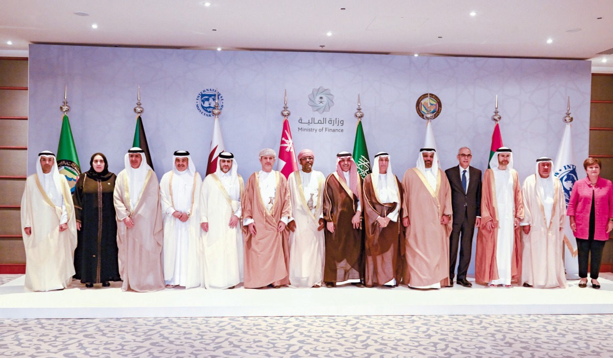 Minister of Finance H E Ali bin Ahmed Al Kuwari (4th left), Governor of Qatar Central Bank (QCB) H E Sheikh Bandar bin Mohammed bin Saud Al Thani (5th left), and Managing Director of the International Monetary Fund Kristalina Georgieva (right) with Their excellencies, during the meeting, in Riyadh. 