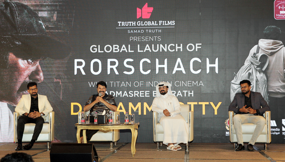 Legendary Indian actor Mammootty (second left), Abdul Samad, Chairman, Truth Global Films & Truth Group (third left), Rashid, Regional Director, Truth (left), and R J Sooraj, Regional Manager, Truth Global Films, during the global launch of ‘Rorschach’ movie at a function held at the Grand Hyatt Doha. PIC: Salim Matramkot/The Peninsula