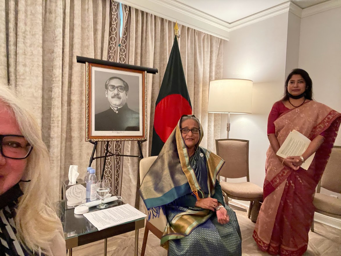 Washington Post columnist Petula Dvorak interviews Bangladesh's Prime Minister Sheikh Hasina in a hotel room in Tysons, Va. Washington Post photo by Petula Dvorak

