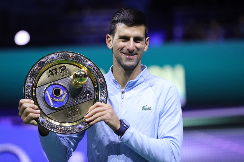 Serbia's Novak Djokovic after winning the men's singles final against Greece's Stefanos Tsitsipas at the Astana Open, National Tennis Center, Astana, Kazakhstan, on October 9, 2022. (REUTERS/Pavel Mikheyev)