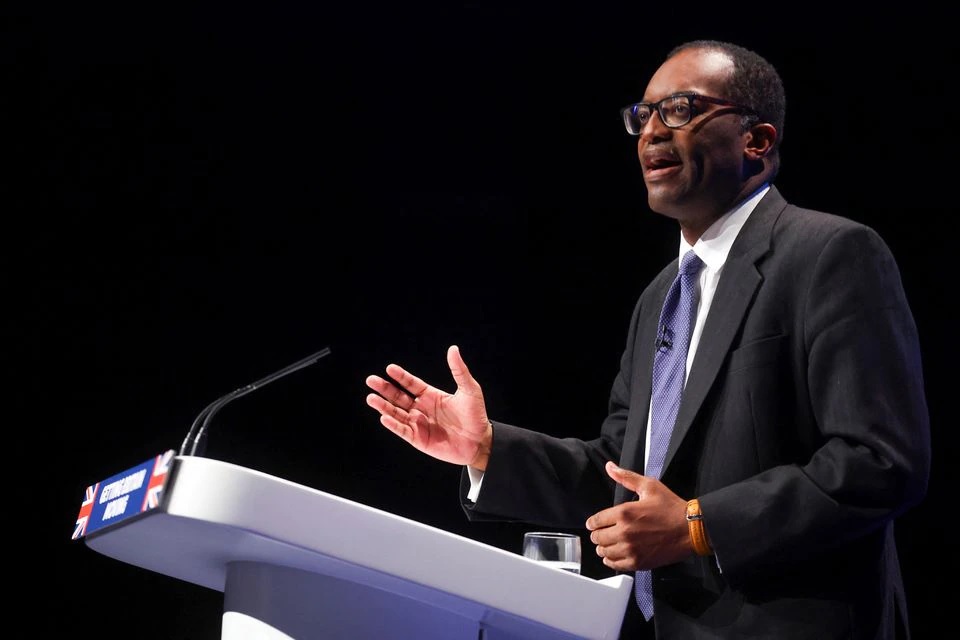 British Chancellor of the Exchequer Kwasi Kwarteng speaks during Britain's Conservative Party's annual conference in Birmingham, Britain, October 3, 2022. REUTERS/Hannah McKay
