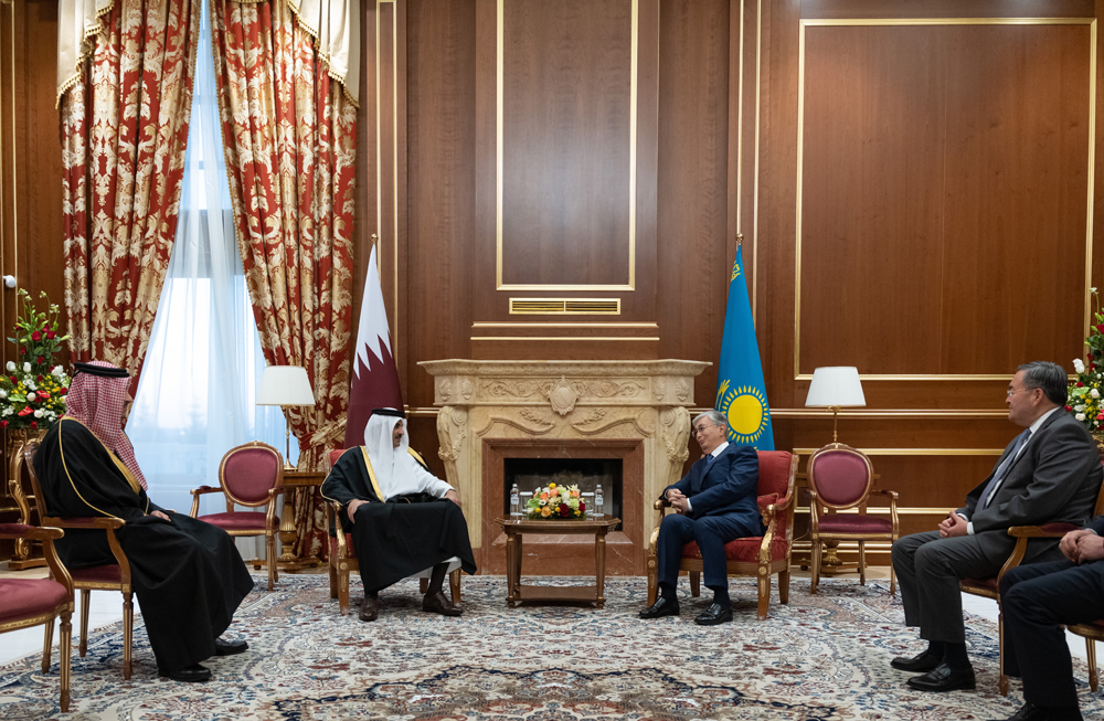 Amir H H Sheikh Tamim bin Hamad Al Thani during a  meeting with President of  Kazakhstan H E Kassym-Jomart Tokayev, in Astana, yesterday.
