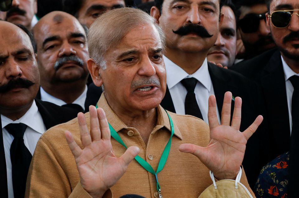 Pakistani PM Shehbaz Sherif gestures as he speaks to the media at the Supreme Court of Pakistan in Islamabad, Pakistan, on April 7, 2022. File Photo / Reuters
