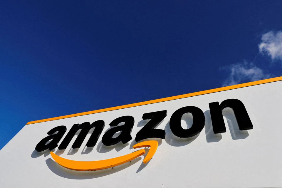 The Amazon logo is seen at the company's logistics centre in Boves, France, on October 6, 2021.  File Photo / Reuters

