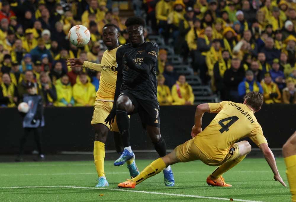 Arsenal's Bukayo Saka scores the only goal against Bodo/Glimt during their Europa League Group A match at the Aspmyra Stadion, Bodo, Norway, on October 13, 2022.   Action Images via Reuters/Carl Recine