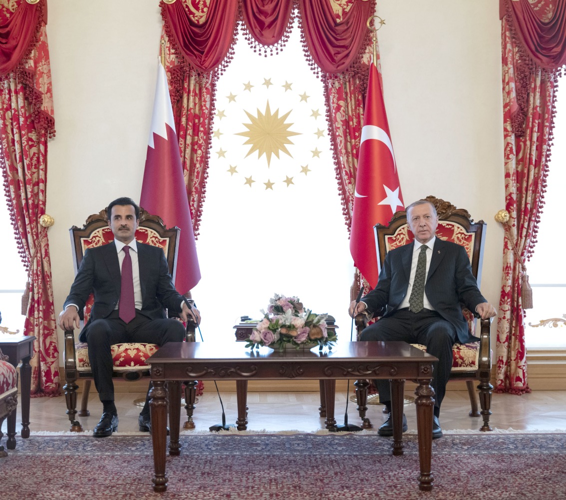 Amir H H Sheikh Tamim bin Hamad Al Thani and President of Turkiye H E Recep Tayyip Erdogan during a bilateral meeting at Dolmabahce Palace, Istanbul, yesterday.