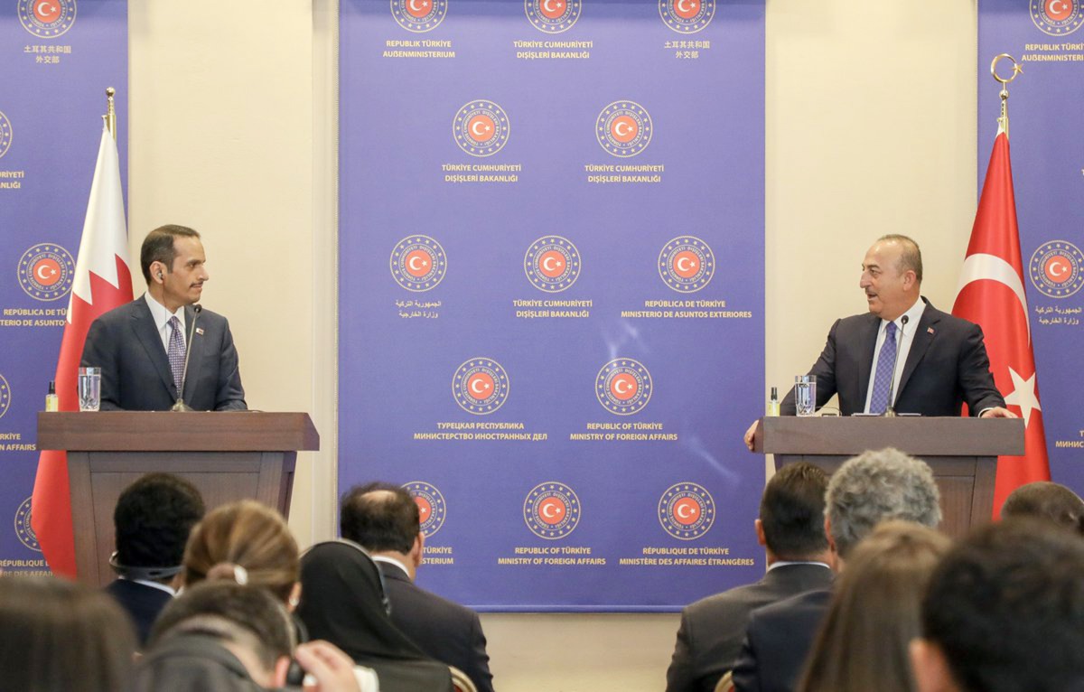 Deputy Prime Minister and Minister of Foreign Affairs H E Sheikh Mohammed bin Abdulrahman Al Thani and Turkish Foreign Minister H E Mevlut Cavusoglu address a press conference in Istanbul yesterday.