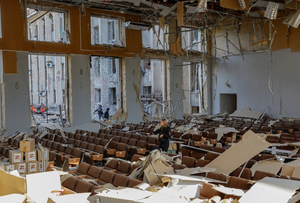 A view shows a hall inside the city administration building hit by recent shelling in the course of Ukraine-Russia conflict, in Donetsk, Russian-controlled Ukraine, on October 16, 2022. REUTERS/Alexander Ermochenko