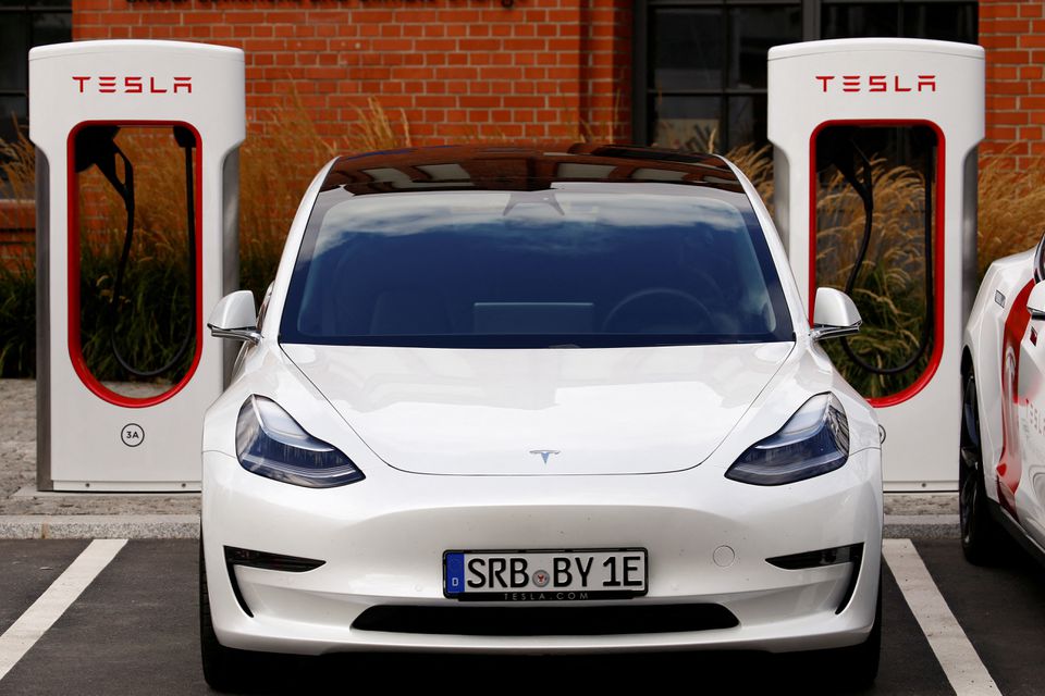 Tesla cars are seen at the V3 supercharger equipment during the presentation of the new charge system in the EUREF campus in Berlin, Germany, on September 10, 2020.  File Photo / Reuters
