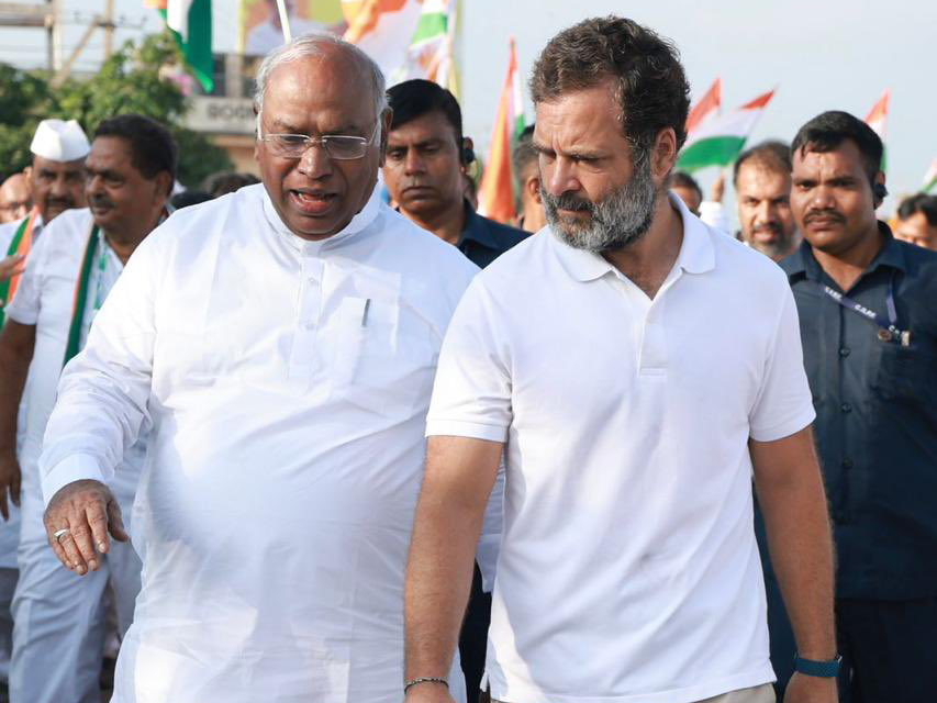 Mallikarjun Kharge with Rahul Gandhi on his march across India. Pic: Twitter / Kharge 