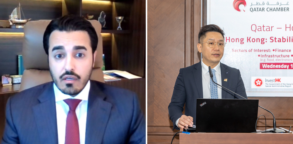 Ali Saad Al Hajri (left), Consul General at the Consulate General of the State of Qatar in Hong Kong and Macau and Damian Lee, Director-General, Hong Kong Economic and Trade Affairs in Middle East addressing the event.. 