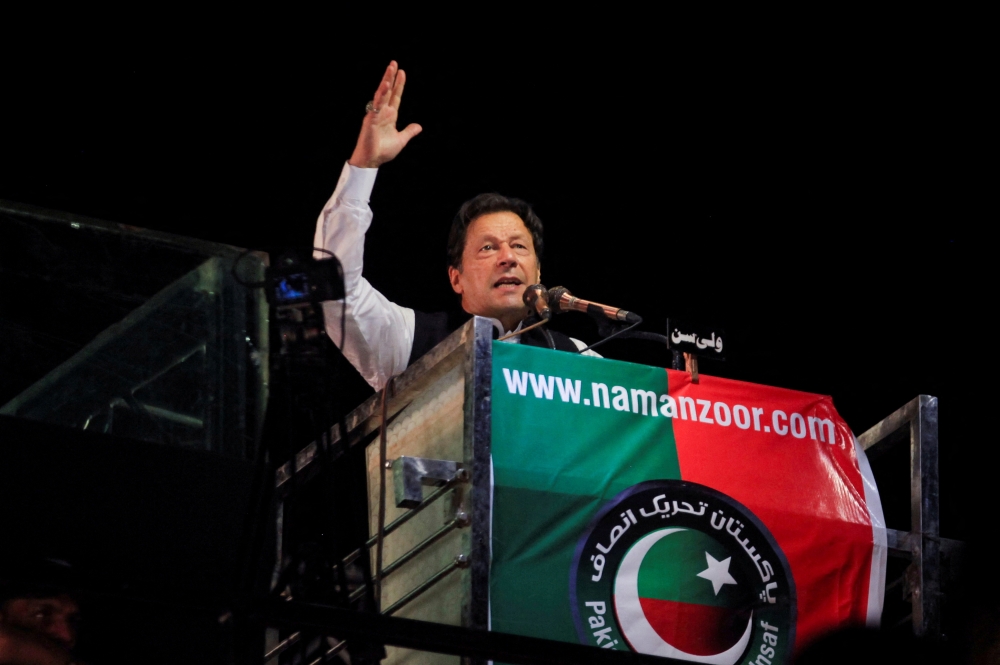 Ousted Pakistani Prime Minister Imran Khan gestures as he addresses supporters during a rally, in Lahore, Pakistan, on April 21, 2022.  File Photo / Reuters