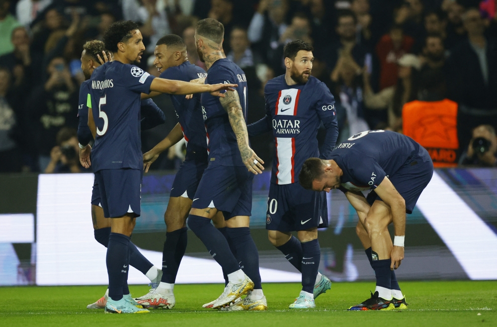 Paris St Germain's Lionel Messi celebrates scoring their first goal with teammates during the Champions League Group H match against Maccabi Haifa at the Parc des Princes, Paris, France, on  October 25, 2022. REUTERS/Sarah Meyssonnier