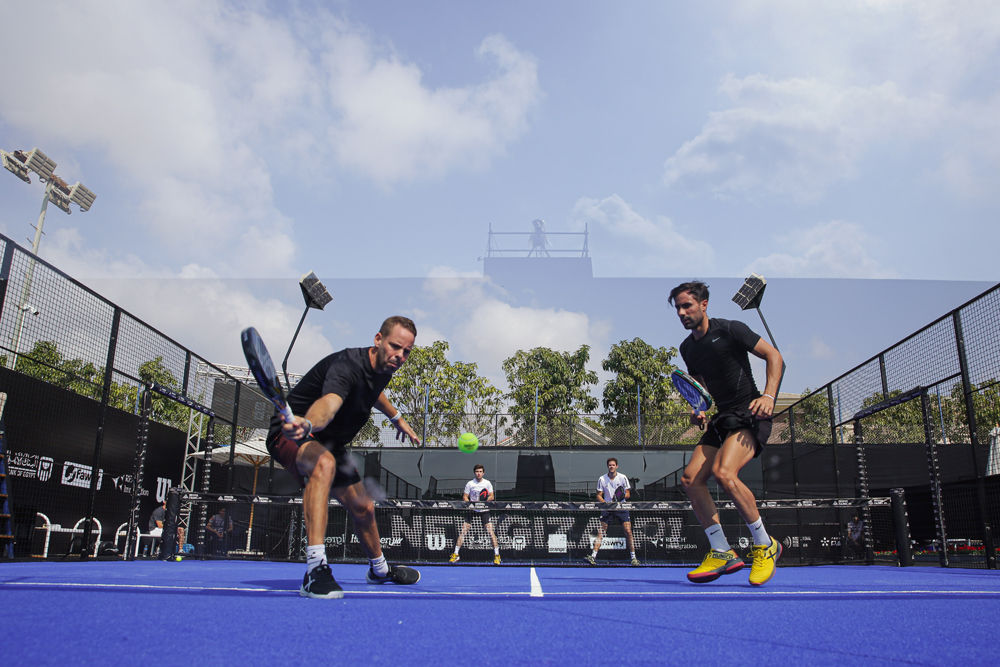 Enrique Goenaga Garcia and Jairo J. Bautista Ortiz in action during the doubles match against Aday Santana and Nicolas Suescun at New Giza Premier Padel P1 tournament at New Giza sports club on Wednesday. 