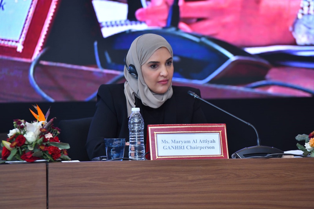 NHRC Chairperson and GANHRI President H E Maryam bint Abdullah Al Attiyah during her speech at the annual GANHRI meeting.