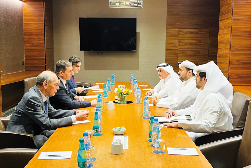 Assistant Foreign Minister for Regional Affairs H E Dr. Mohammed bin Abdulaziz bin Saleh Al Khulaifi meeting Russian envoy to the Middle East peace process H E Vladimir Safronkov, in Algeria.
