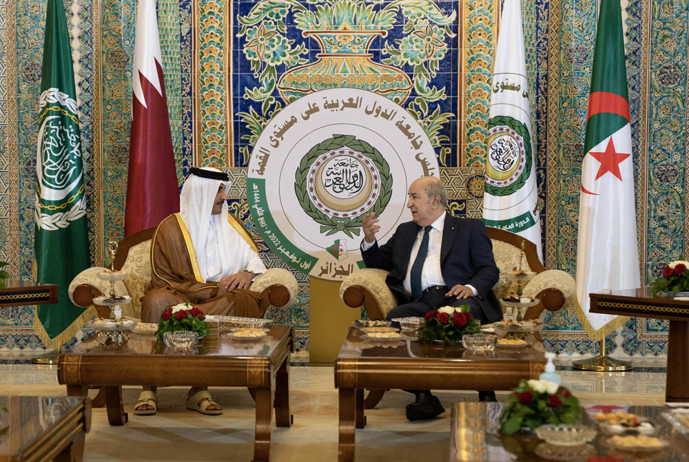 Amir H H Sheikh Tamim bin Hamad Al Thani with President of Algeria H E Abdelmadjid Tebboune in Algiers.
