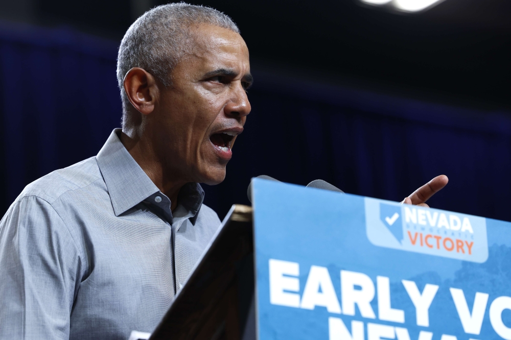 Former U.S. President Barack Obama speaks at a campaign rally in support of Nevada Democrats at Cheyenne High School on November 01, 2022 in North Las Vegas, Nevada. With a week until the midterm elections, both Gov. Steve Sisolak and U.S. Sen. Catherine Cortez Masto (D-NV) hold narrow leads over their Republican opponents. Anna Moneymaker/Getty Images/AFP