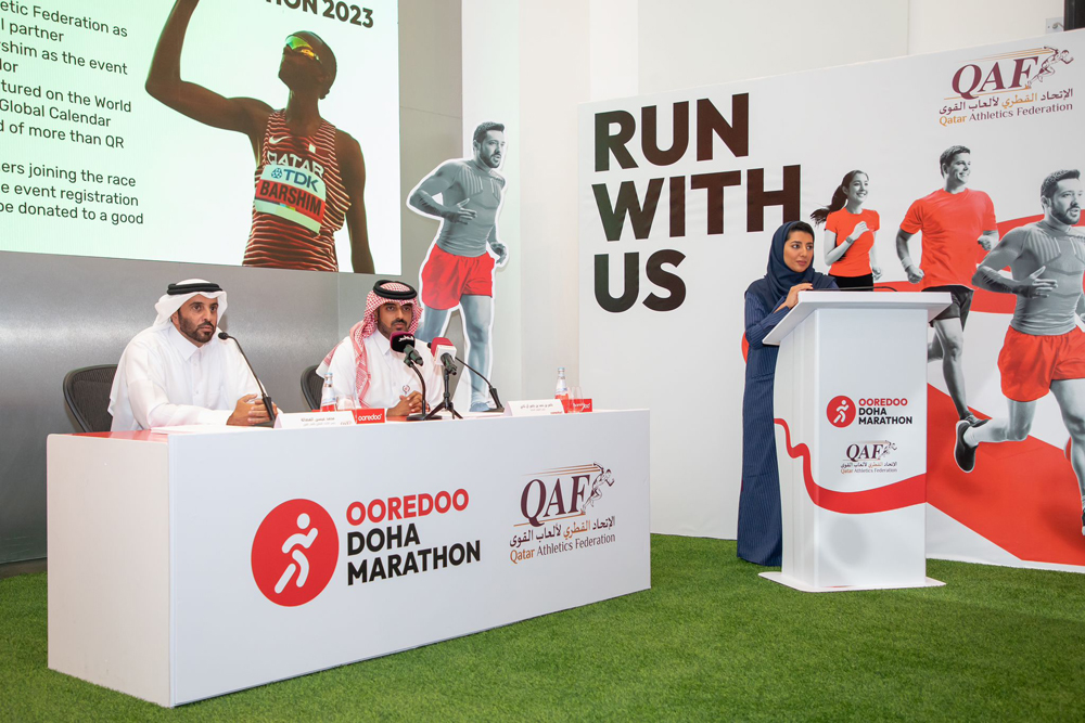 Chief Commercial Officer at Ooredoo, Sheikh Nasser bin Hamad bin Nasser Al Thani, and Qatar Athletics Federation President Mohammed Al Fadala during the press conference.