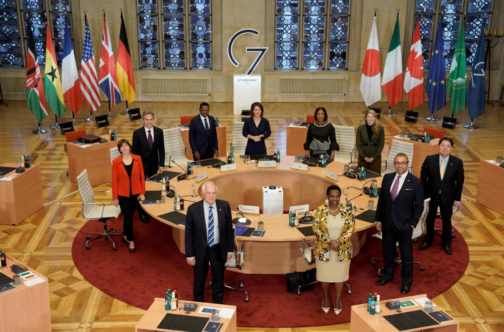 (From centre, background, clockwise) German Foreign Minister Annalena Baerbock, Ghana's Foreign Minister Shirley Ayorkor Botchwey, Canadian Foreign Minister Melanie Joly, Japanese Foreign Minister Yoshimasa Hayashi, British Secretary for Foreign Affairs James Cleverly, the Deputy Chairperson for the African Union Commission Monique Nsanzabaganwa, the High Representative of the European Union for Foreign Affairs and Security Policy Josep Borrell, French Foreign Minister Catherine Colonna, US Secretary of State Antony Blinken and Kenya's Foreign and Diaspora Affairs Cabinet Secretary Alfred Mutua pose for a photo during a working session at a G7 Foreign Ministers Meeting at the City Hall in Muenster, western Germany, on November 4, 2022. (AFP/Bernd Lauter)