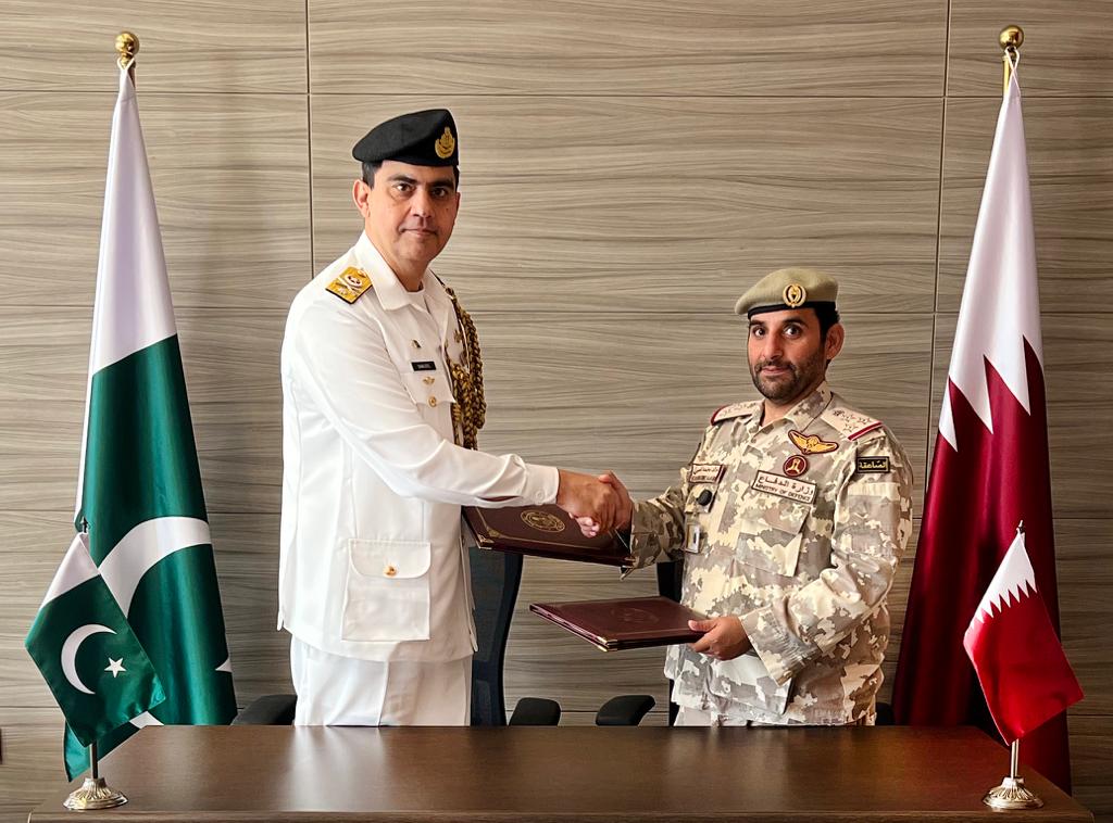 Deputy Chairman of the Executive Committee for Security and International Relations at Ministry of Defence Brigadier General Khaled Mohammed Al Nuaimi (right) with Pakistan’s Defence Attache to Qatar Commodore Sharjeel Iftikhar during signing of the memorandum of cooperation.
