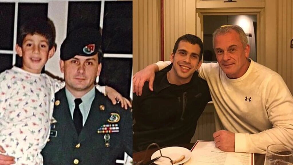 This undated combination of photos courtesy Rudy Michael Taylor shows his father, former US special forces member Michael Taylor and his brother Peter, posing together years apart - FAMILY HANDOUT/AFP
