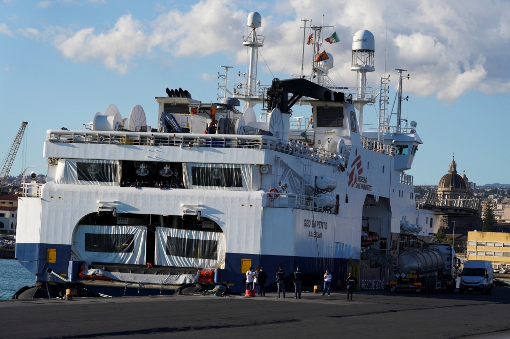 A general view of the rescue ship Geo Barents, after Italy allowed the disembarkation of immigrant children and sick people, in the port of Catania, Italy, on November 7, 2022. REUTERS/Antonio Parrinello