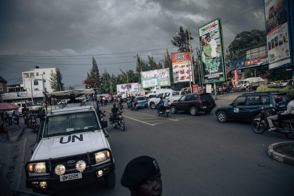 Senegalese peacekeepers with the United Nations Organization Stabilization Mission in the Democratic Republic of the Congo (MONUSCO) and Congolese police officers patrol the city of Goma, on November 9, 2022.  (Photo by ALEXIS HUGUET / AFP)