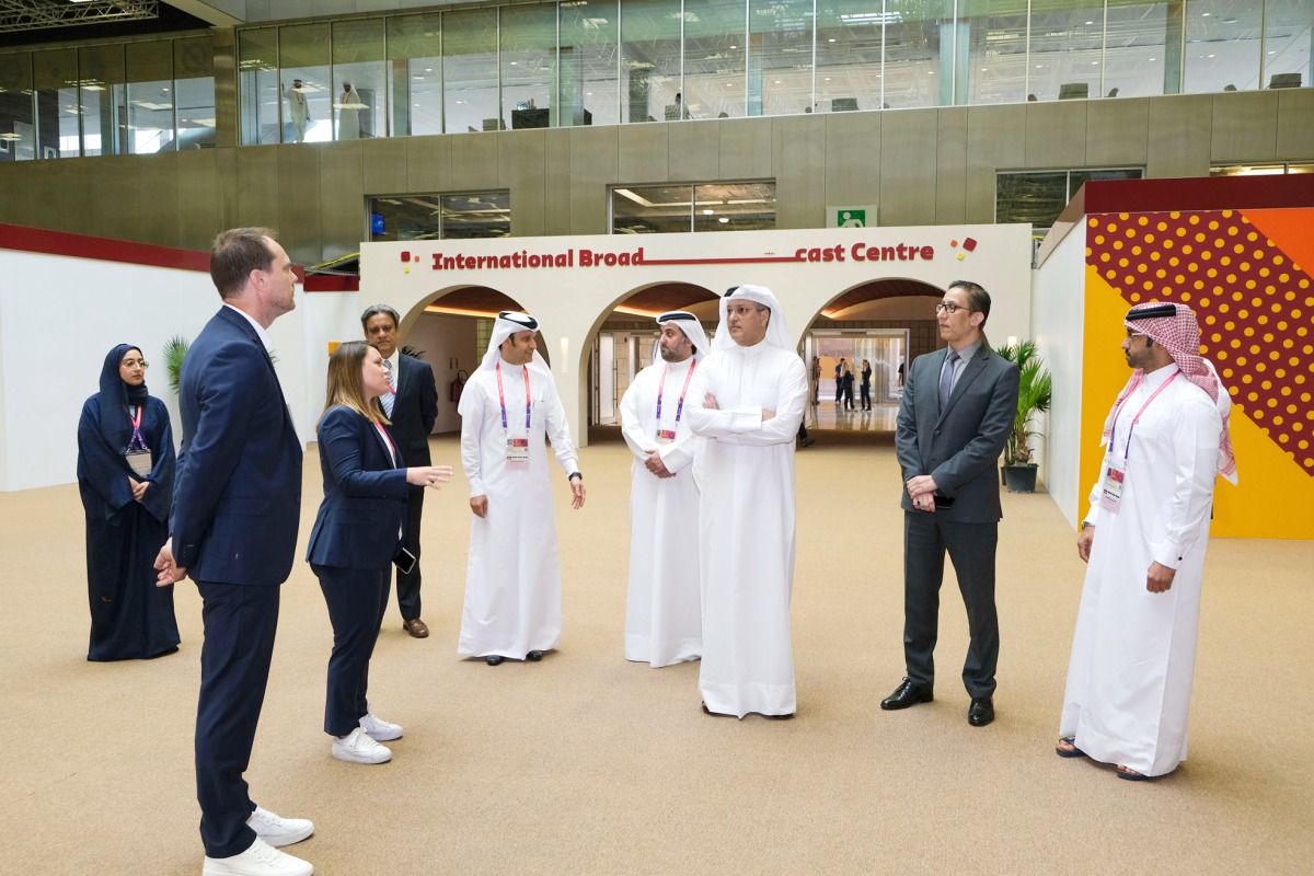 Minister of Communications and Information Technology H E Mohammed bin Ali Al Mannai during his visit to the International Broadcast Center (IBC) for the FIFA World Cup Qatar 2022 at QNCC, yesterday.