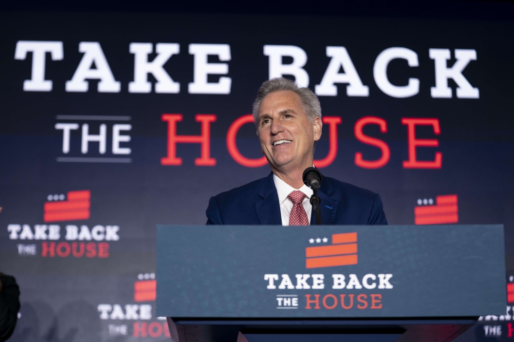House Minority Leader Rep. Kevin McCarthy (R-CA) delivers remarks to supporters during a watch party on November 9, 2022 in Washington, DC. Sarah Silbiger/Getty Images/AFP