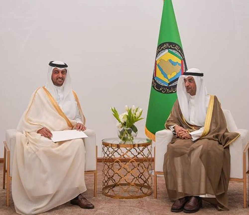 Secretary-General of the Cooperation Council for the Arab States of the Gulf H E Dr. Nayef Falah Mubarak Al Hajraf (right) meeting with Ambassador of Qatar to Saudi Arabia H E Bandar bin Mohammed Al Attiyah.