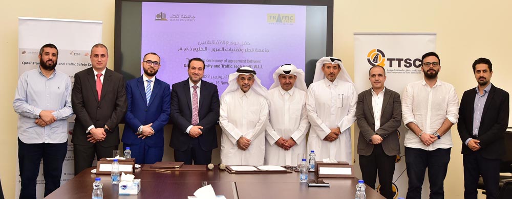 QU Vice-President for Academic Affairs Dr. Omar Al Ansari (fifth left) and Traffic Tech (Gulf) Group Chief Executive Officer Eng Abdel Rahman Al Khateeb (fourth left) along with officials from the two sides during the signing of the agreement.