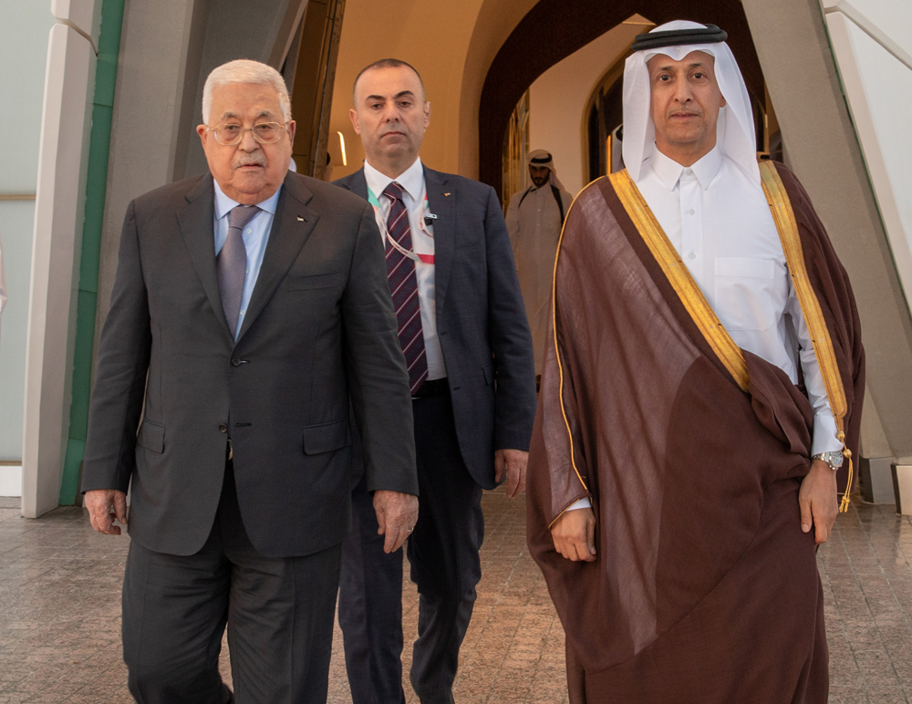 Palestinian President H E Mahmoud Abbas (first left) being received at Hamad International Airport by Minister of State H E Sheikh Fahd bin Faisal Al Thani (right) and Ambassador of Palestine to Qatar H E Munir Abdullah Ghannam.